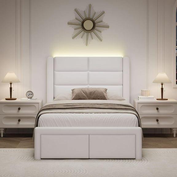 4 EVER WINNER Twin Bed Frame with LED Light, Modern Upholstered Platform Bed Frame Headboard and Footboard, White Twin Size Bed Frame, White