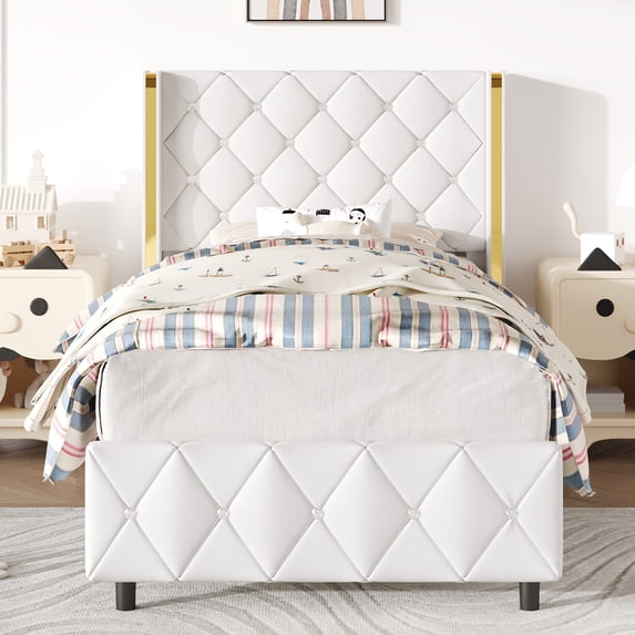 4 EVER WINNER Twin Bed Frame, PU Leather Upholstered Platform Bed Frame with Diamond Tufted Headboard and Wingback, White