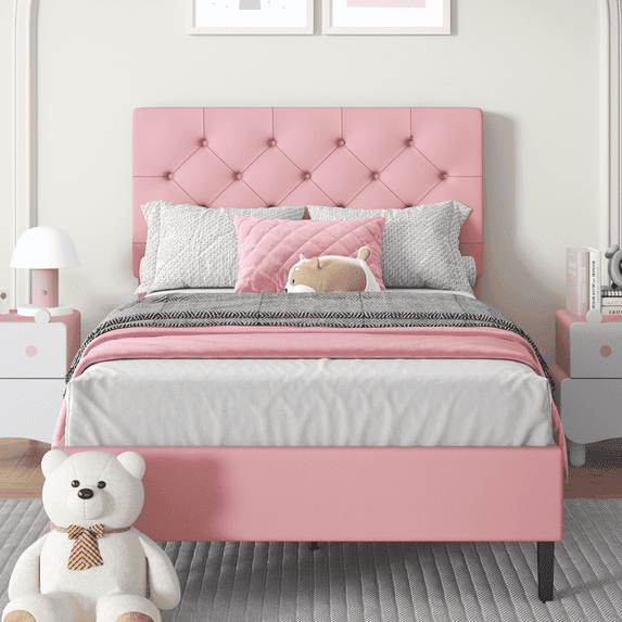 4 Ever Winner Pink Upholstered Platform Twin Bed Frame with Button Tufted Headboard