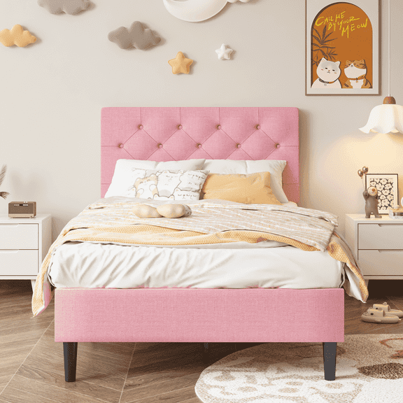4 EVER WINNER Twin Bed Frame, Upholstered Bed Frame with Headboard, Pink Twin Size Bed Frame, Pink
