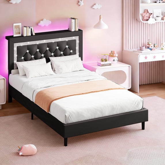 4 EVER WINNER Twin Bed Frame with Storage Headboard, Faux Leather Bed Frame with Diamond Tufted Headboard and LED Lights, Wooden Slats Support, Noise Free, No Box Spring Needed, Easy Assembly, Black