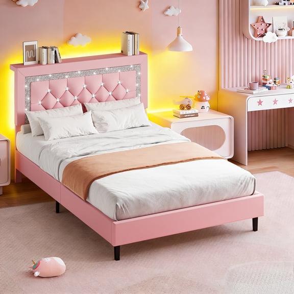 4 EVER WINNER Twin Bed Frame with Storage Headboard, Faux Leather Bed Frame with Diamond Tufted Headboard and LED Lights, Wooden Slats Support, Noise Free, No Box Spring Needed, Easy Assembly, Pink