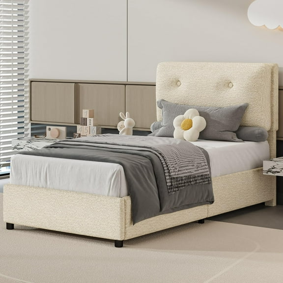 4 EVER WINNER Twin Bed Frame, Twin Size Bed Frame with Headboard, Boucle Bed Frame with Removable Pillow Upholstery, No Box Spring Required, Easy Assembly, Cream