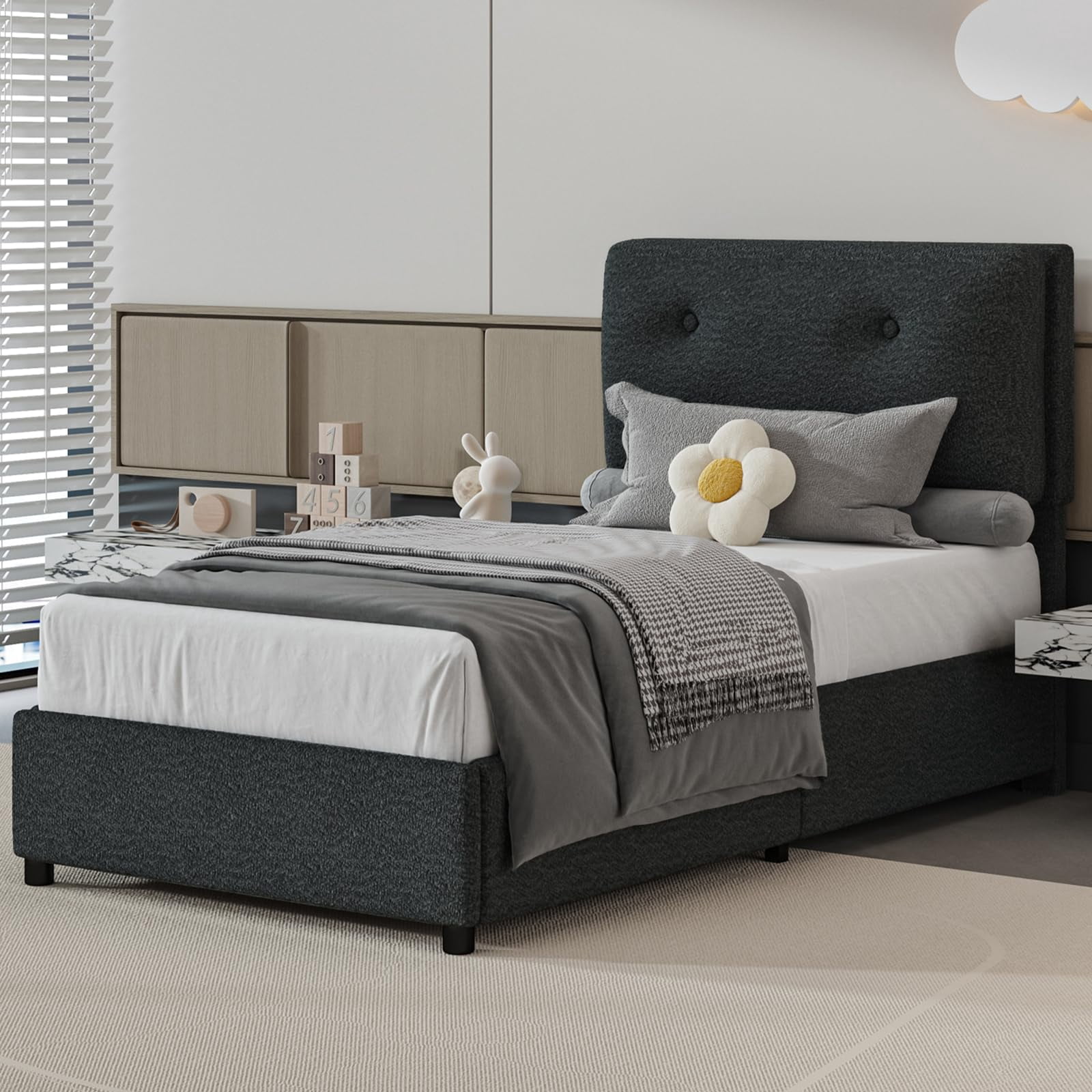 4 EVER WINNER Twin Bed Frame, Twin Size Bed Frame with Headboard, Boucle Bed Frame with Removable Pillow Upholstery, No Box Spring Required, Easy Assembly, Dark Grey