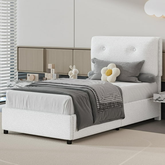 4 EVER WINNER Twin Bed Frame, Twin Size Bed Frame with Headboard, Boucle Bed Frame with Removable Pillow Upholstery, No Box Spring Required, Easy Assembly, White