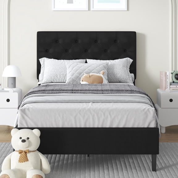 4 EVER WINNER Twin Bed Frame, Twin Upholstered Platform Bed with Button Tufted Headboard, Twin Size Bed Frame, Black