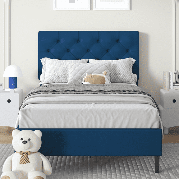 4 EVER WINNER Twin Bed Frame, Twin Upholstered Platform Bed with Button Tufted Headboard, Twin Size Bed Frame, Blue