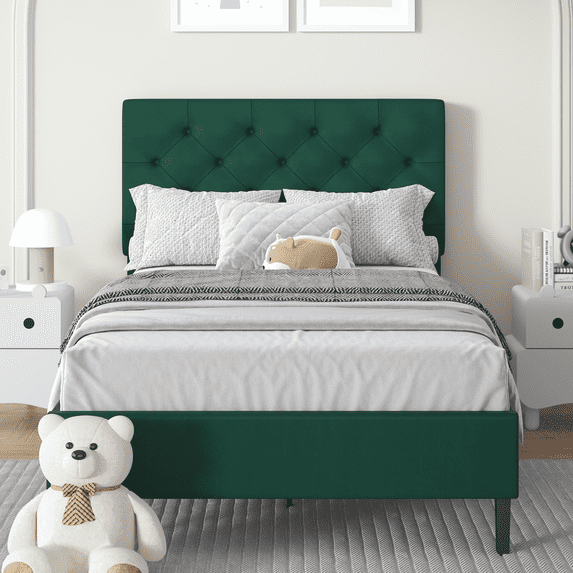 4 EVER WINNER Twin Bed Frame, Twin Upholstered Platform Bed with Button Tufted Headboard, Twin Size Bed Frame, Green