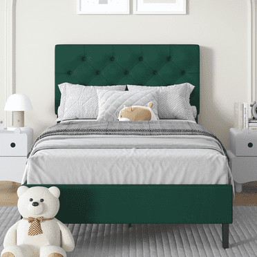 4 EVER WINNER Twin Bed Frame, Twin Upholstered Platform Bed with Button Tufted Headboard, Twin Size Bed Frame, Green