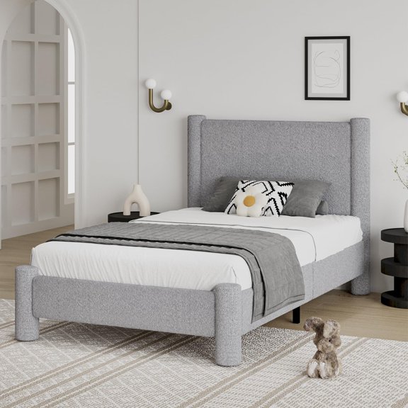 4 EVER WINNER Twin Bed Frame, Twin Size Bed Frame, Upholstered Twin Bed with Rounded Legs, Boucle Bed Frame with Headborad, Grey