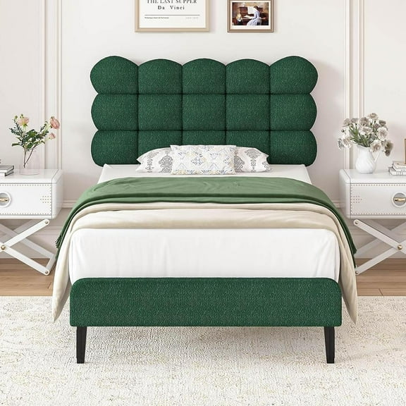4 EVER WINNER Twin Bed Frame, Twin Size Bed Frame with Detachable Upholstered Headboard, Two Bed Forms Design, Teddy Fleece Fabric, Green