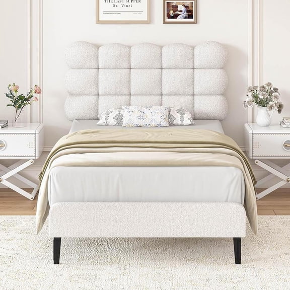 4 EVER WINNER Twin Bed Frame, Twin Size Bed Frame with Detachable Upholstered Headboard, Two Bed Forms Design, Teddy Fleece Fabric, Off-White