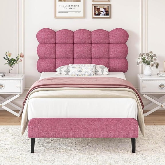 4 EVER WINNER Twin Bed Frame, Twin Size Bed Frame with Detachable Upholstered Headboard, Two Bed Forms Design, Teddy Fleece Fabric, Rose