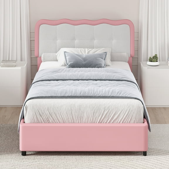 4 EVER WINNER Twin Bed Frame, Twin Size Upholstered Platform Bed Frame with Curved Upholstered Headboard, Pink Twin Bed Frame, Pink
