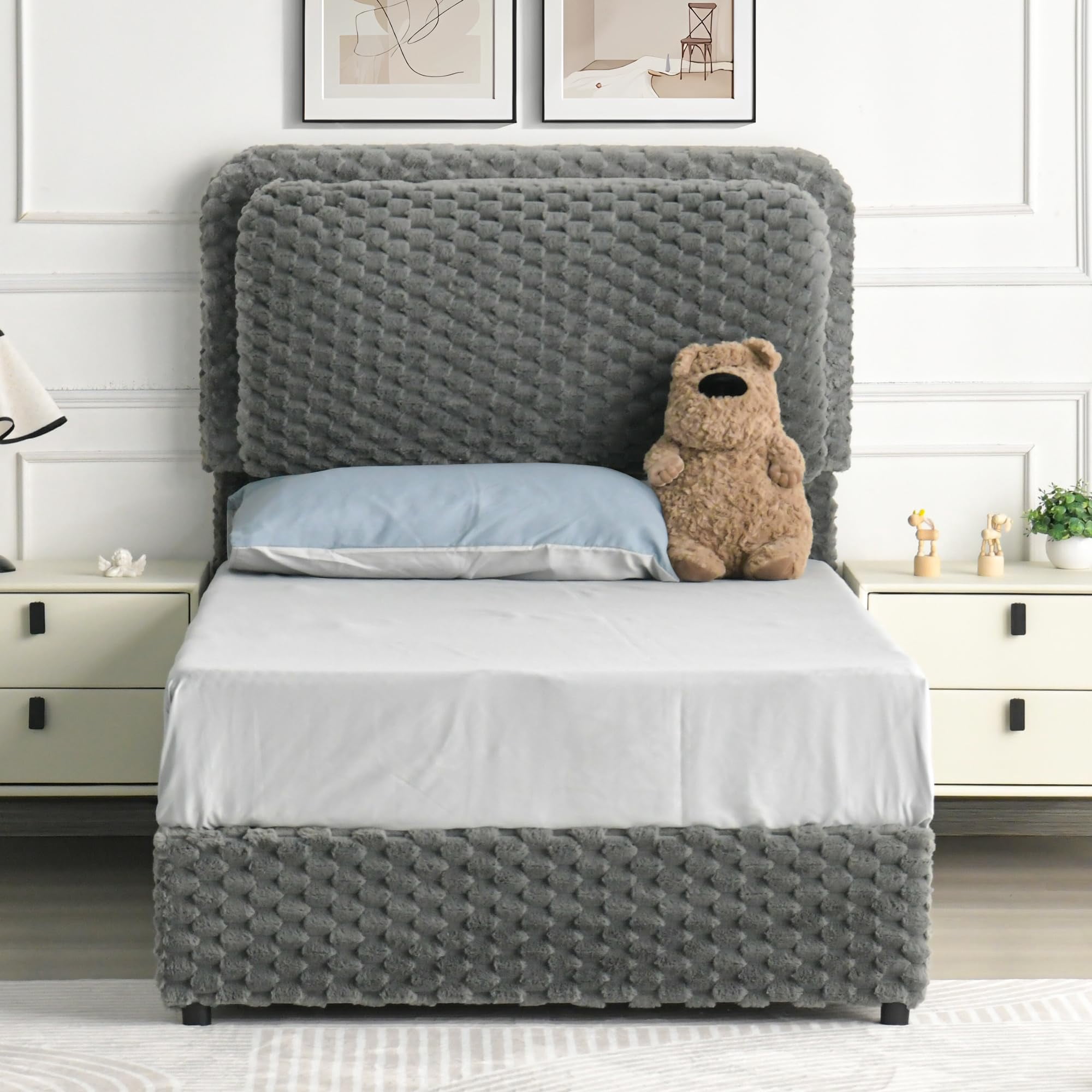 4 EVER WINNER Twin Bed Frame, Twin Size bed Frame with Headboard, Upholstered Bed Frame with Removable Pillows, Grey