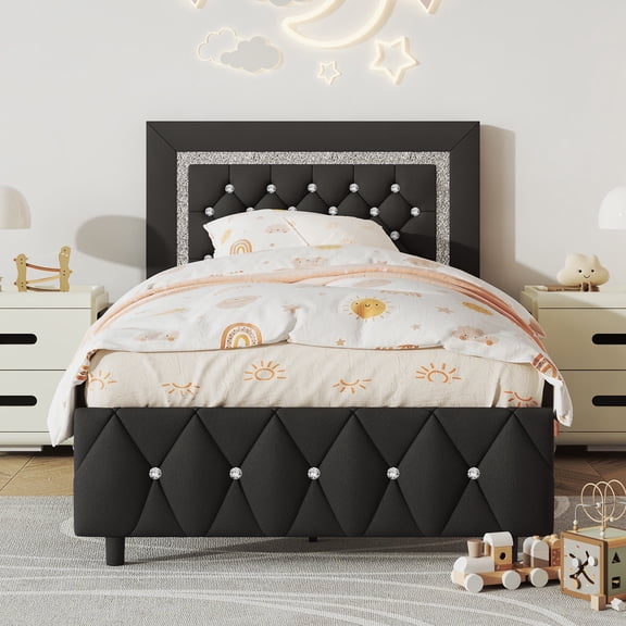 4 EVER WINNER Twin Bed Frame, Upholstered Platform Bed Frame with Headboard and Footboard, Twin Size Bed Frame, Diamond Headboard and Footboard Design, Black