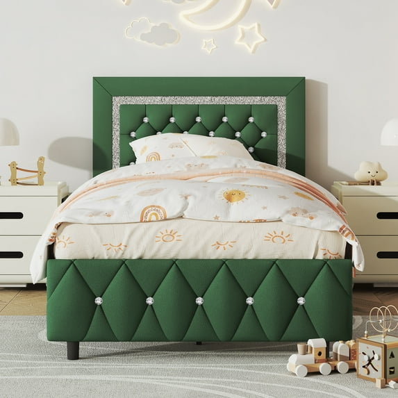 4 EVER WINNER Twin Bed Frame, Upholstered Platform Bed Frame with Headboard and Footboard, Twin Size Bed Frame, Diamond Headboard and Footboard Design, Green