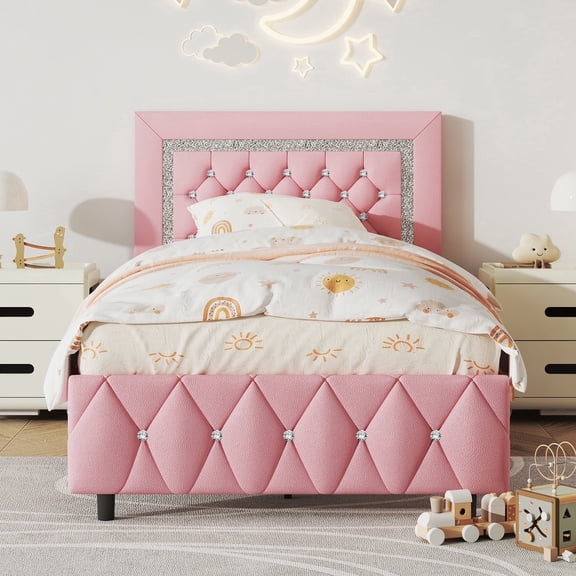 4 EVER WINNER Twin Bed Frame, Upholstered Platform Bed Frame with Headboard and Footboard, Twin Size Bed Frame, Diamond Headboard and Footboard Design, Pink