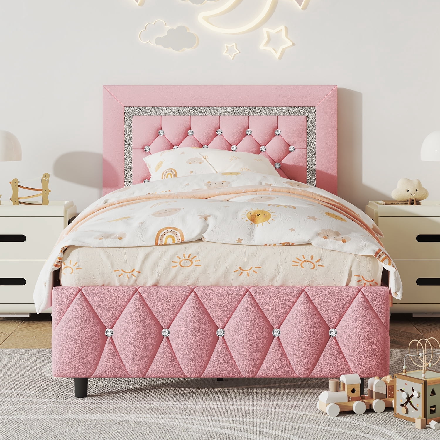4 EVER WINNER Twin Bed Frame, Upholstered Platform Bed Frame with Headboard and Footboard, Twin Size Bed Frame, Diamond Headboard and Footboard Design, Pink