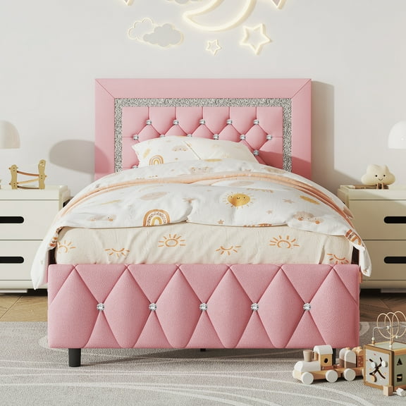 4 EVER WINNER Twin Bed Frame, Upholstered Platform Bed Frame with Headboard and Footboard, Twin Size Bed Frame, Diamond Headboard and Footboard Design, Pink