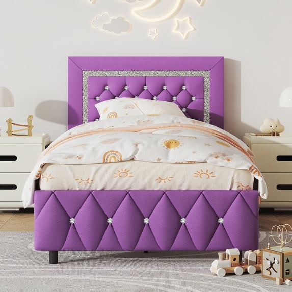 4 EVER WINNER Twin Bed Frame, Upholstered Platform Bed Frame with Headboard and Footboard, Twin Size Bed Frame, Diamond Headboard and Footboard Design, Purple