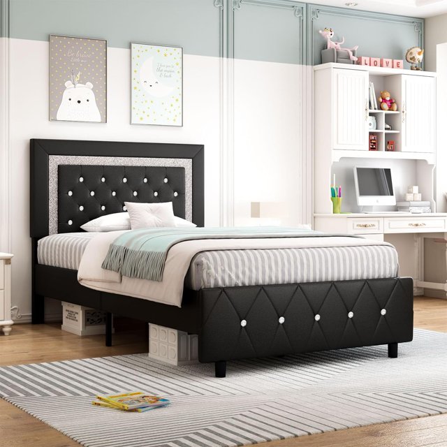 4 EVER WINNER Twin Bed Frame, Upholstered Platform Bed Frame with PU