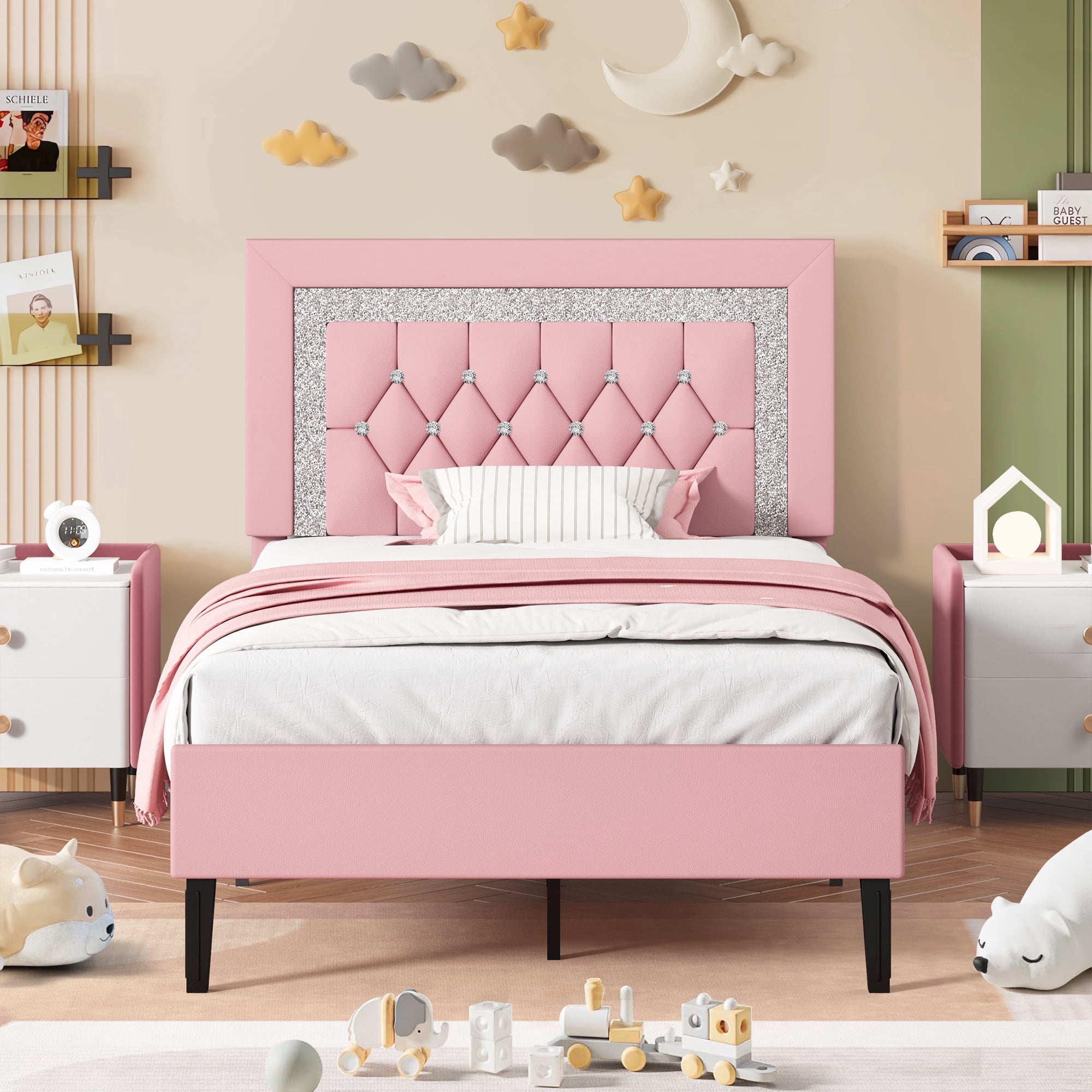 4 EVER WINNER Twin Bed Frame, Upholstered Platform Bed with Headboard, Pink Twin Bed Frame, Diamond Design, Pink
