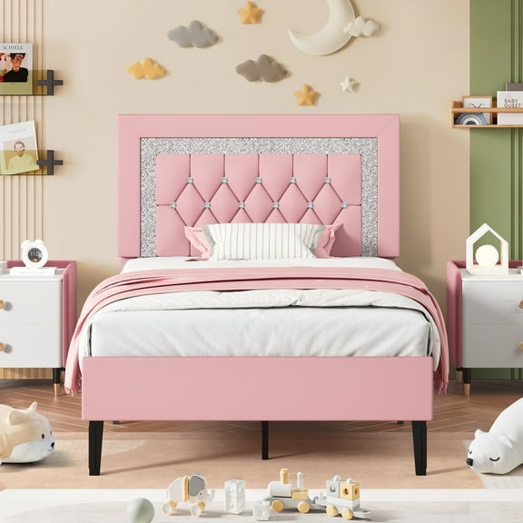 4 EVER WINNER Twin Bed Frame, Upholstered Platform Bed with Headboard, Pink Twin Bed Frame, Diamond Design, Pink