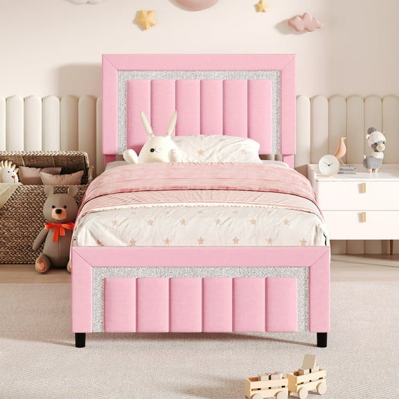 4 EVER WINNER Twin Bed Frame, Velvet Upholstered Bed Frame with Diamond Headboard and Footboard, Pink Bed Frame Twin Size , Princess Bed, Pink