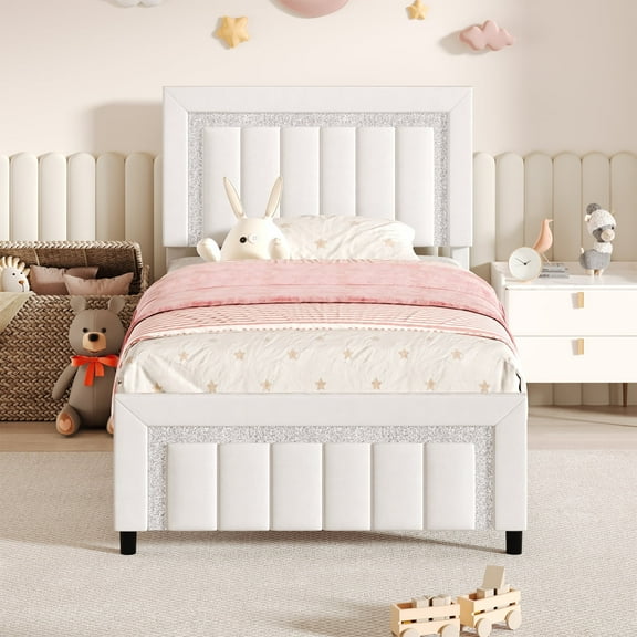 4 EVER WINNER Twin Bed Frame, Velvet Upholstered Bed Frame with Diamond Headboard, White Bed Frame Twin Size, White