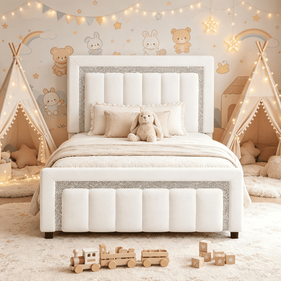 4 Ever Winner Twin Bed Frame, Velvet Upholstered Bed Frame with Diamond Headboard, White Bed Frame Twin Size, White
