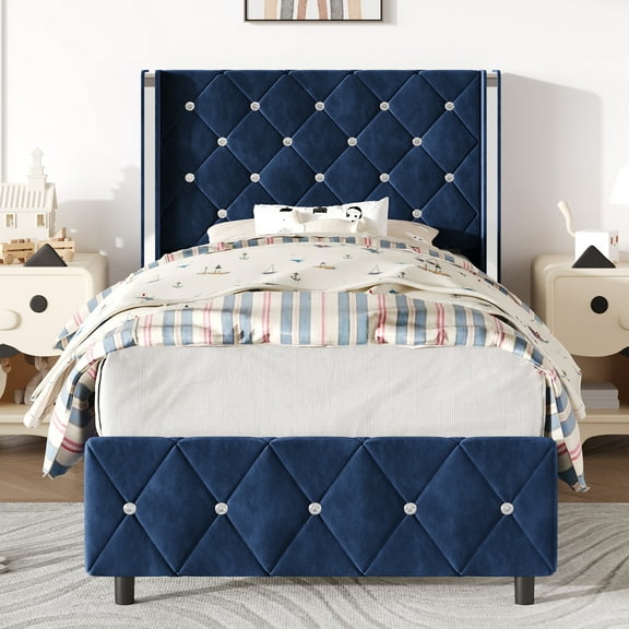 4 EVER WINNER Twin Bed Frame, Velvet Upholstered Platform Bed Frame with Diamond Tufted Headboard and Wingback, Blue