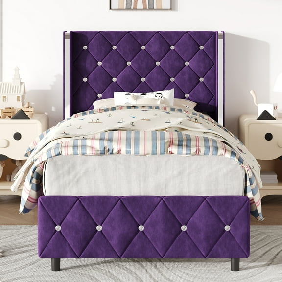 4 EVER WINNER Twin Bed Frame, Velvet Upholstered Platform Bed Frame with Diamond Tufted Headboard and Wingback, Purple