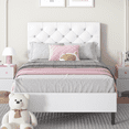 thumbnail image 1 of 4 EVER WINNER Twin Bed Frame, Twin Upholstered Platform Bed with Button Tufted Headboard, White Twin Bed Frame, White, 1 of 7
