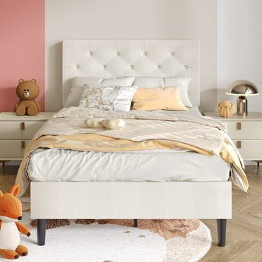 4 EVER WINNER Twin Bed Frame, White Twin Bed Frame, Twin Size Upholstered Bed Frame with Headboard, White