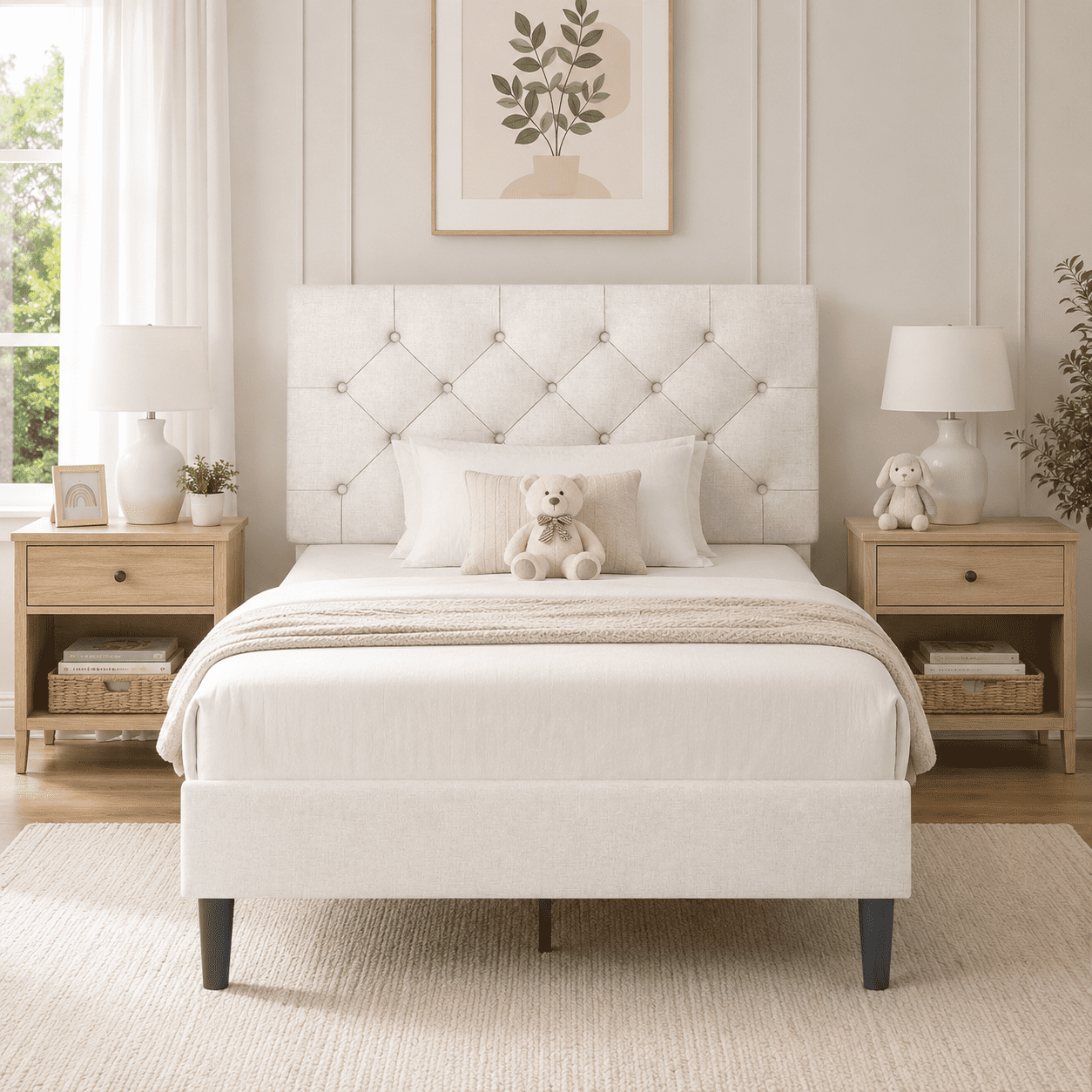 4 EVER WINNER Twin Bed Frame, White Twin Bed Frame, Twin Size Upholstered Bed Frame with Headboard, White