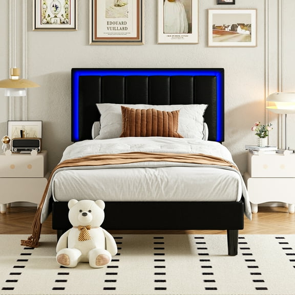 4 EVER WINNER Twin Bed Frame with LED Light, Upholstered Platform Bed Frame with Headboard, Black