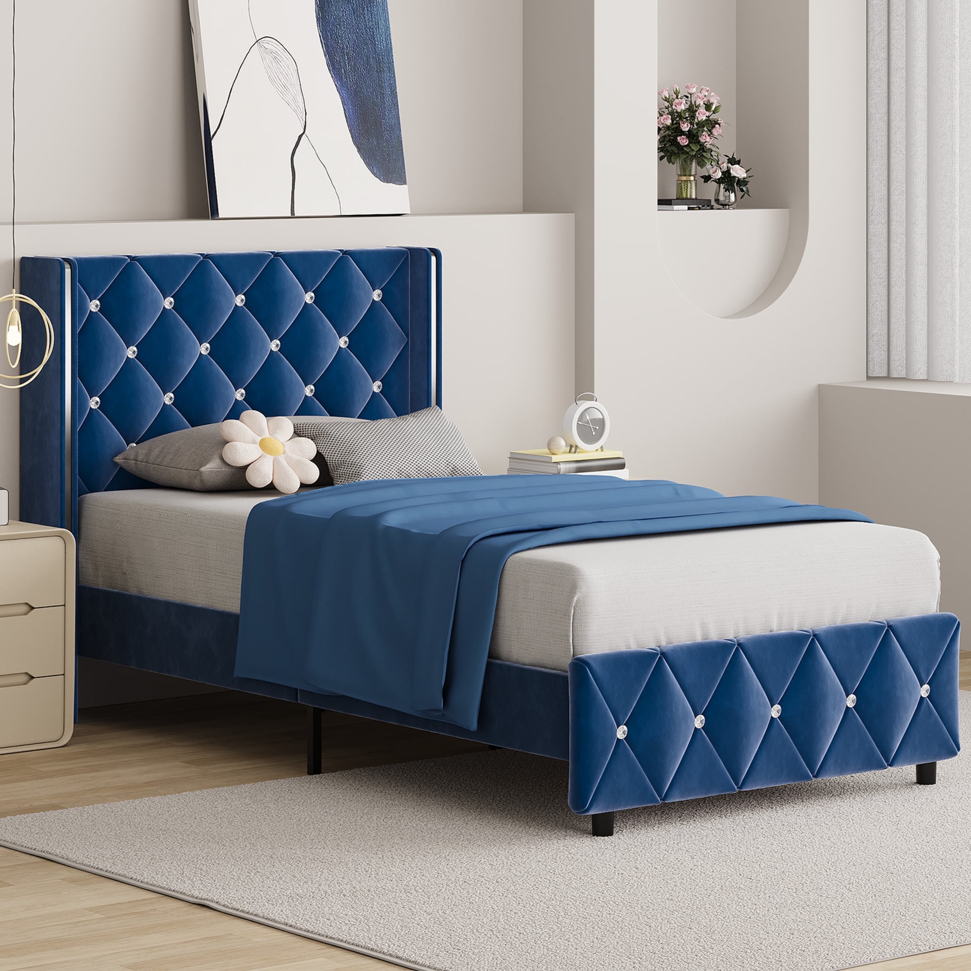 4 EVER WINNER Twin Bed Frame with Silver-Trim Button Tufted Headboard, Velvet Upholstered Bed, No Box Spring Needed, Easy Assembly