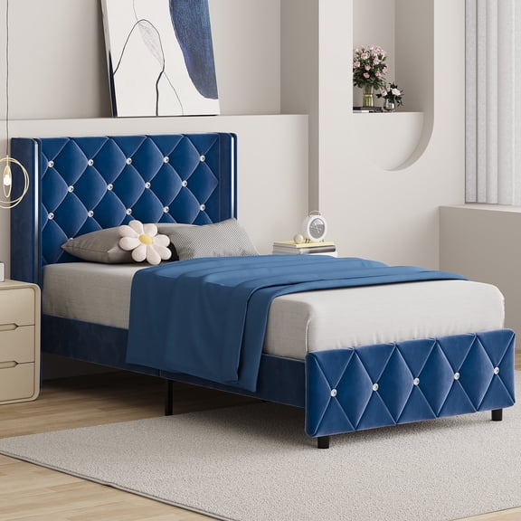 4 EVER WINNER Twin Bed Frame with Silver-Trim Button Tufted Headboard, Velvet Upholstered Bed, No Box Spring Needed, Easy Assembly