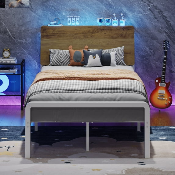 4 EVER WINNER Twin Bed Frame with Storage Headboard and LED Light, Metal Platform Bed Frame with Wooden Headboard, No Box Spring, Brown and White