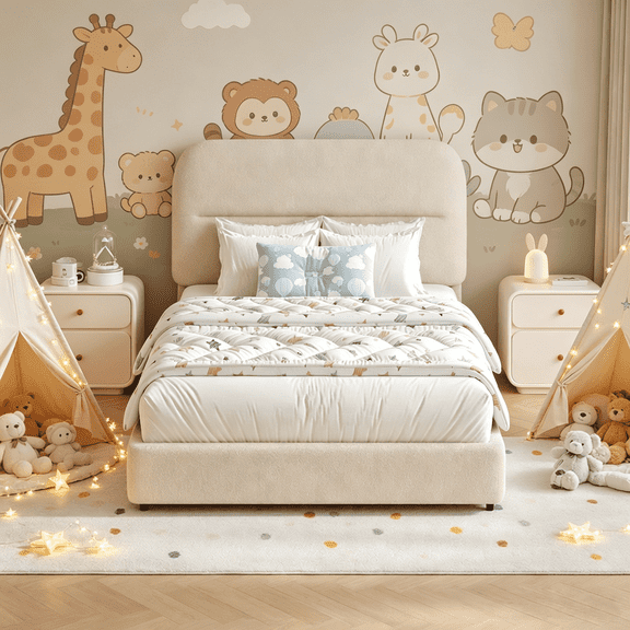 4 Ever Winner Twin Bed Frames, Beige Bed with Headboard, Twin Size Boucle Upholstered Bed Frame, Soft Rounded Corners, Wooden Slats Support, No Box Spring Required, Easy Assembly
