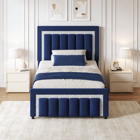 4 EVER WINNER Twin Bed Frames, Twin Size Bed Frame with Diamond Velvet Design Headboard and Footboard, Upholstered Bed Frame with Wooden Slats Support, No Box Spring Needed, Easy Assembly, Blue