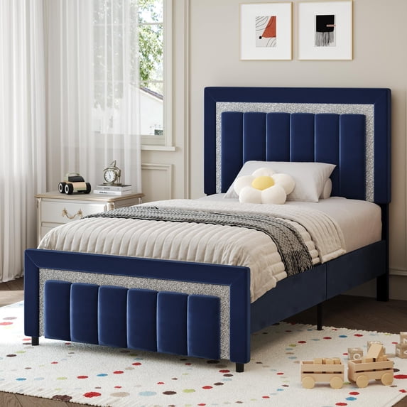 4 EVER WINNER Twin Bed Frames, Twin Size Bed Frame with Diamond Velvet Design Headboard and Footboard, Upholstered Bed Frame with Wooden Slats Support, No Box Spring Needed, Easy Assembly, Blue
