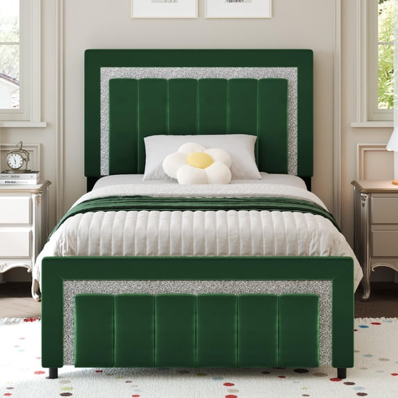 4 EVER WINNER Twin Bed Frames, Twin Size Bed Frame with Diamond Velvet Design Headboard and Footboard, Upholstered Bed Frame with Wooden Slats Support, No Box Spring Needed, Easy Assembly, Green