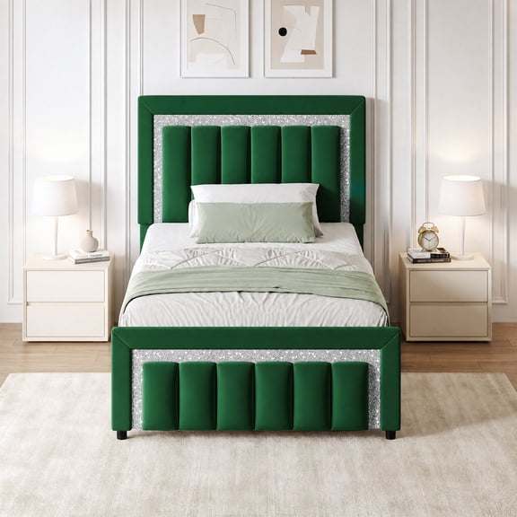 4 EVER WINNER Twin Bed Frames, Twin Size Bed Frame with Diamond Velvet Design Headboard and Footboard, Upholstered Bed Frame with Wooden Slats Support, No Box Spring Needed, Easy Assembly, Green