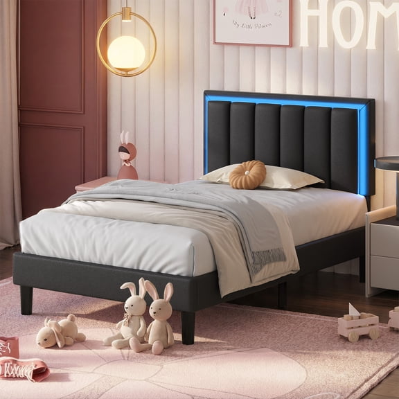 4 EVER WINNER Twin Black Bed Frame with LED Headboard, PU Soft Cushion Upholstery, Sturdy Metal Frame, No Box Spring Required