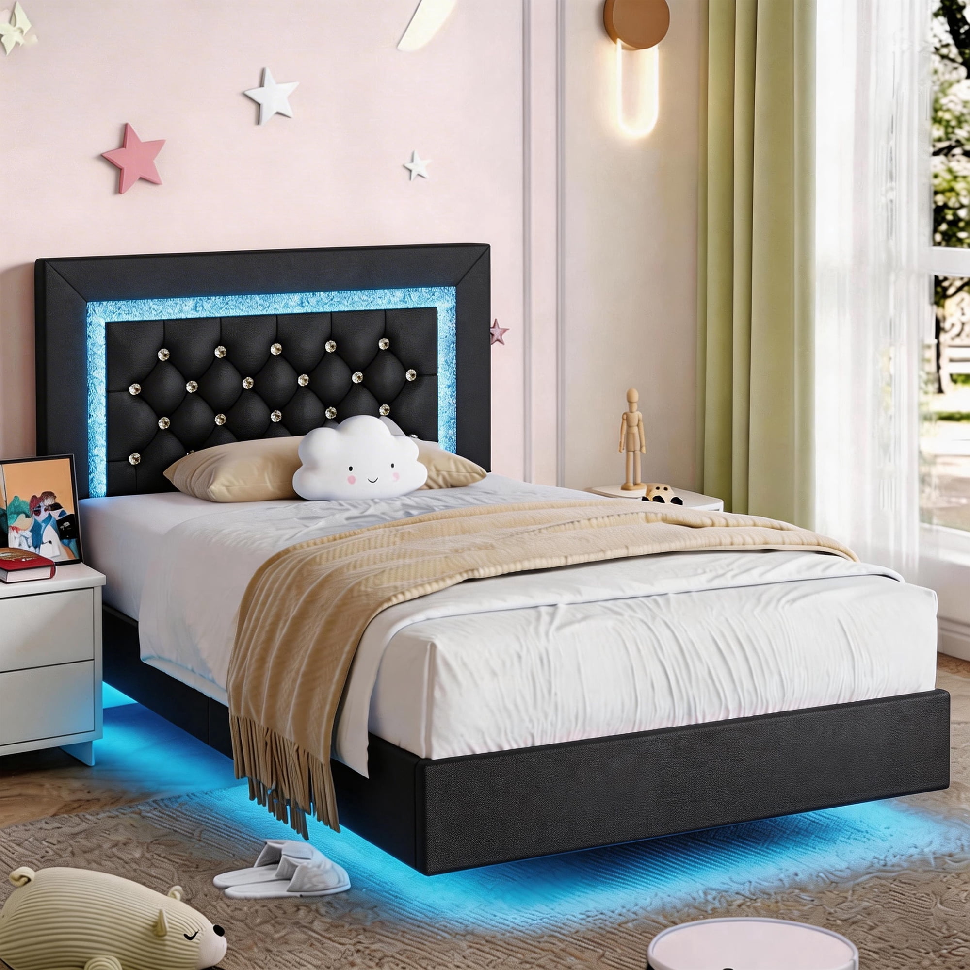 4 Ever Winner Twin Floating Bed Frame with LED Lights, LED Upholstered Platform Bed Frame with Diamond Tufted Headboard, Black LED Bed Frame for Bedroom, Black