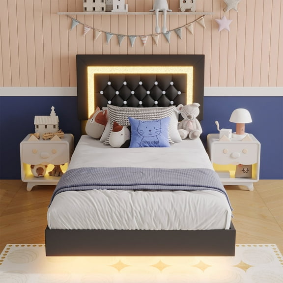 4 EVER WINNER Twin Size Floating Bed Frame with LED Lights, Upholstered Platform Bed Frame with Diamond Tufted Headboard, Black Twin Size Bed Frame, Black