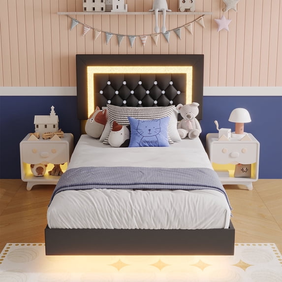 4 EVER WINNER Twin Size Floating Bed Frame with LED Lights, Upholstered Platform Bed Frame with Diamond Tufted Headboard, Black Twin Size Bed Frame, Black