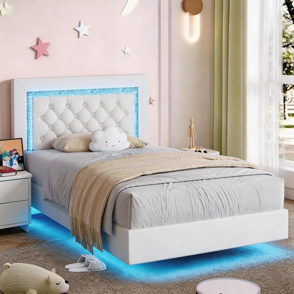 4 Ever Winner Twin Floating Bed Frame with LED Lights, LED Upholstered Platform Bed Frame with Diamond Tufted Headboard, White LED Bed Frame for Bedroom, White